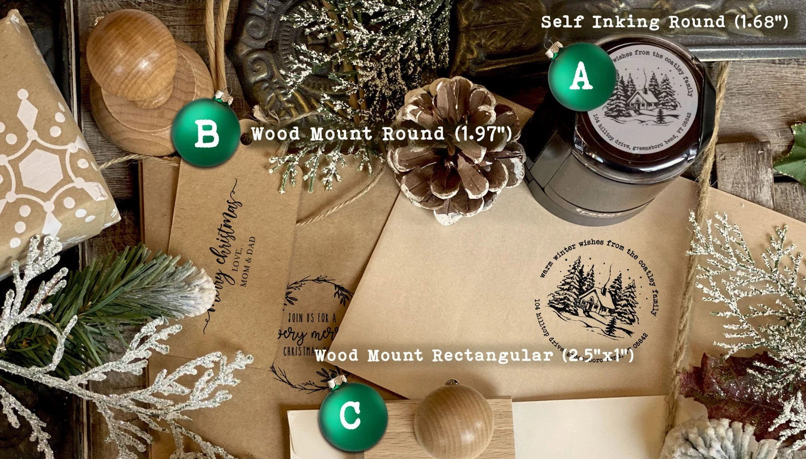 Assortment of Christmas return address stamps in round and rectangular wood mount and self-inking styles