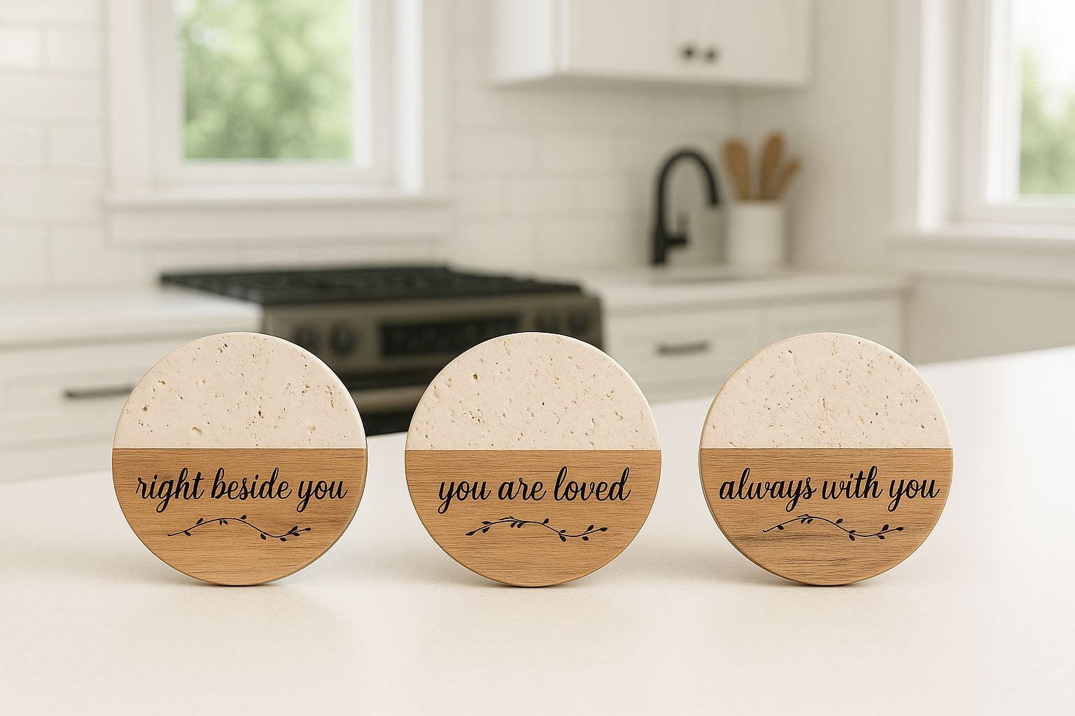 Selection of three engraved coasters with messages “right beside you,” “you are loved,” and “always with you” displayed in a bright kitchen.