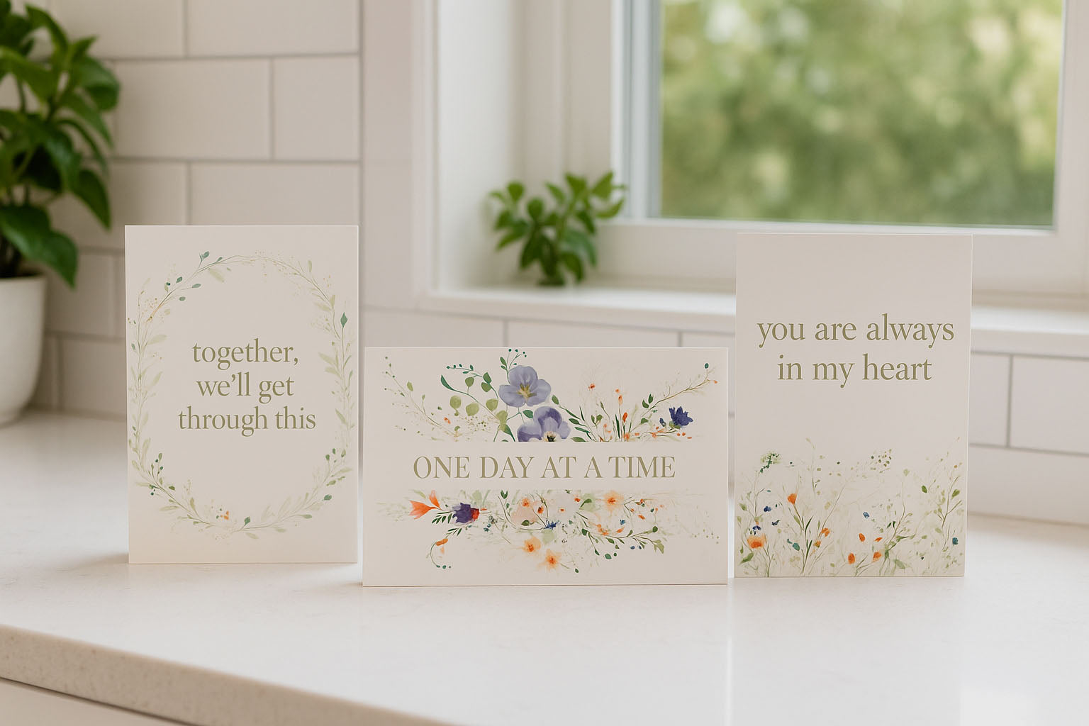 Three get well soon cards selection with inspirational messages and floral designs displayed on a countertop by a window.