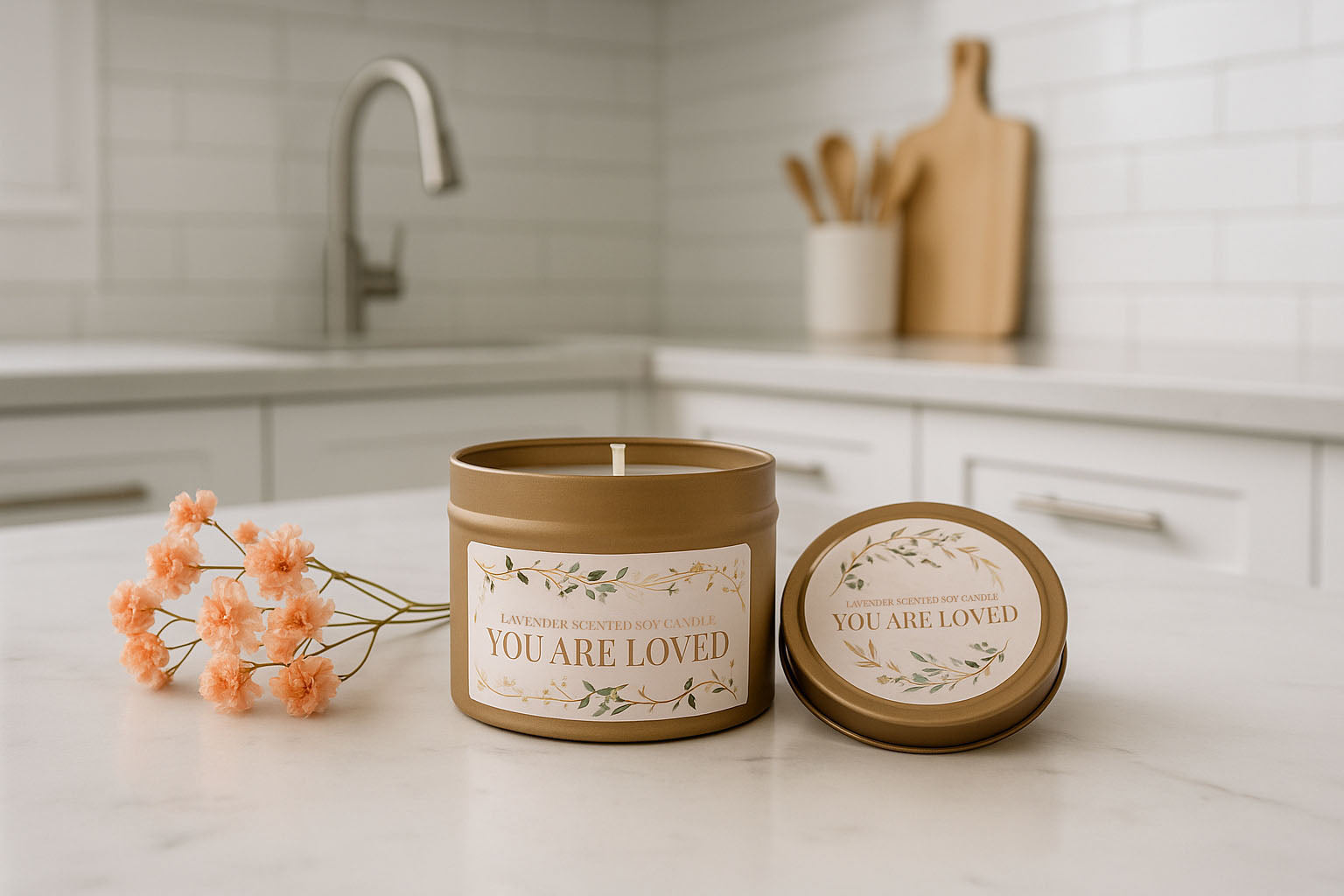 Lavender-scented soy candle in a gold tin with "You Are Loved" label, displayed with lid and peach flowers on a kitchen counter.