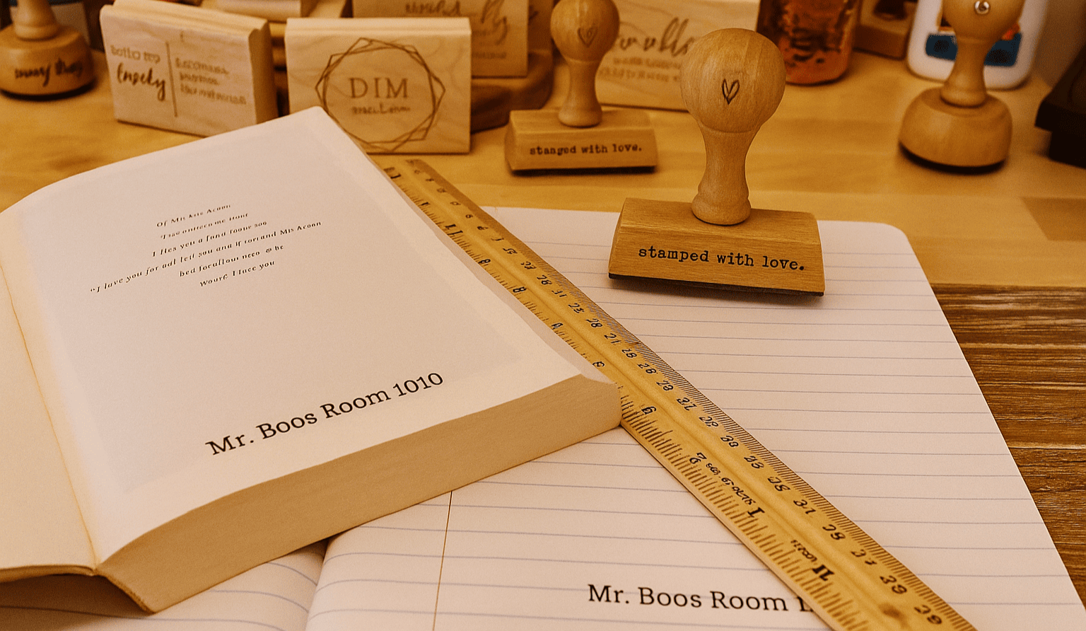 Teacher book stamp with name Mr. Boos Room 1010 for classroom library