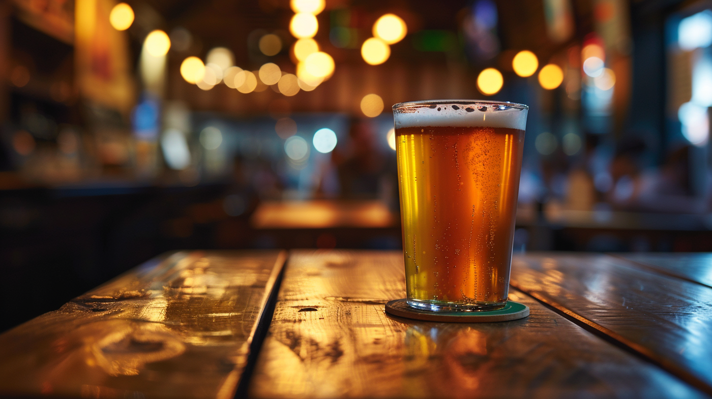 beer glass on coaster in bar setting