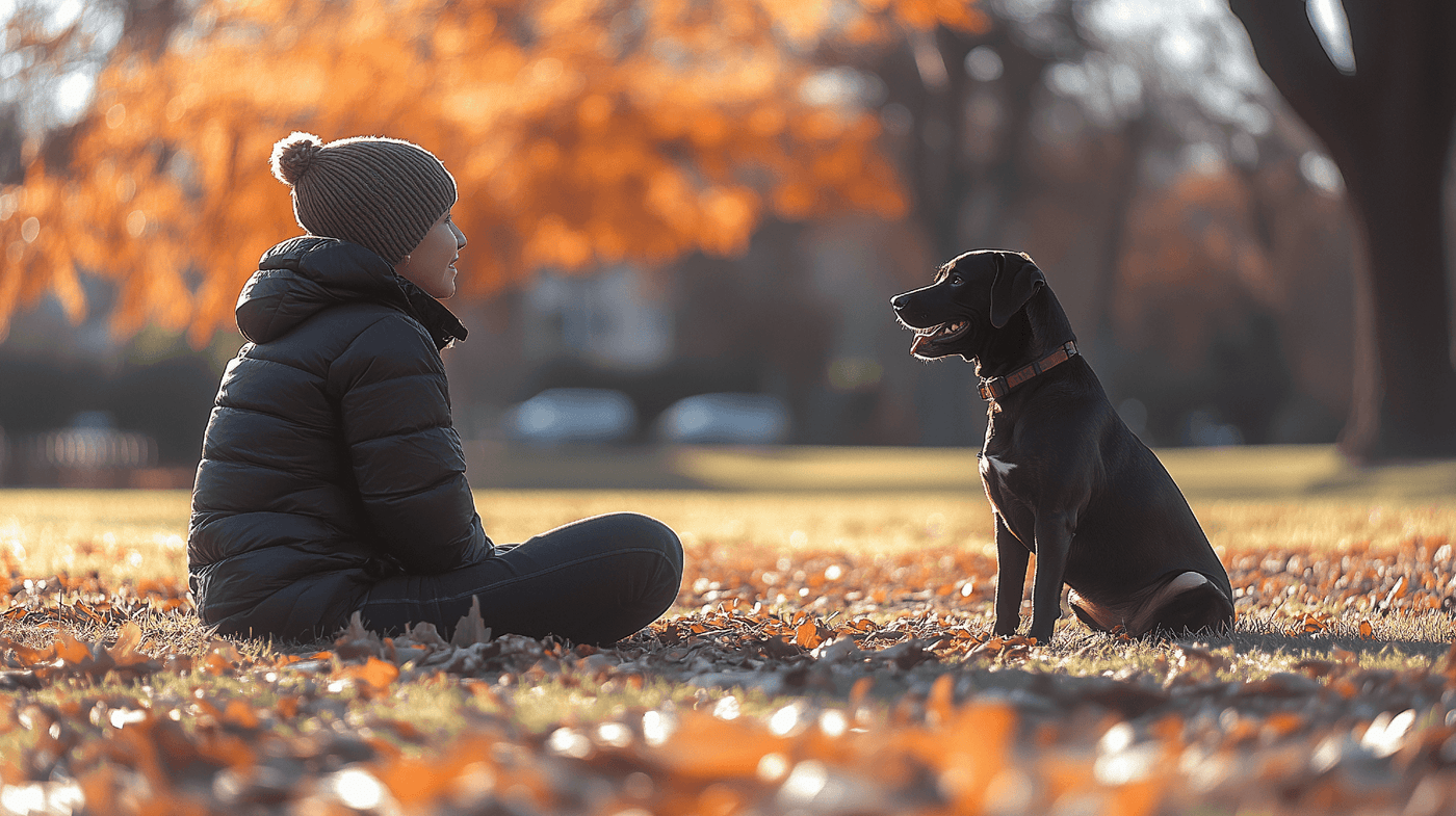 a dog owner sitting with her dog at a dog park