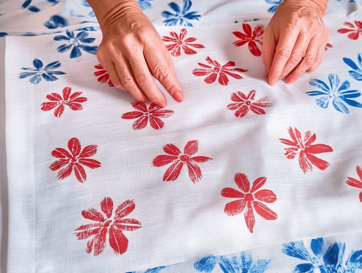 Hands displaying a white fabric with red and blue floral stamps, created using fabric ink for textile printing.