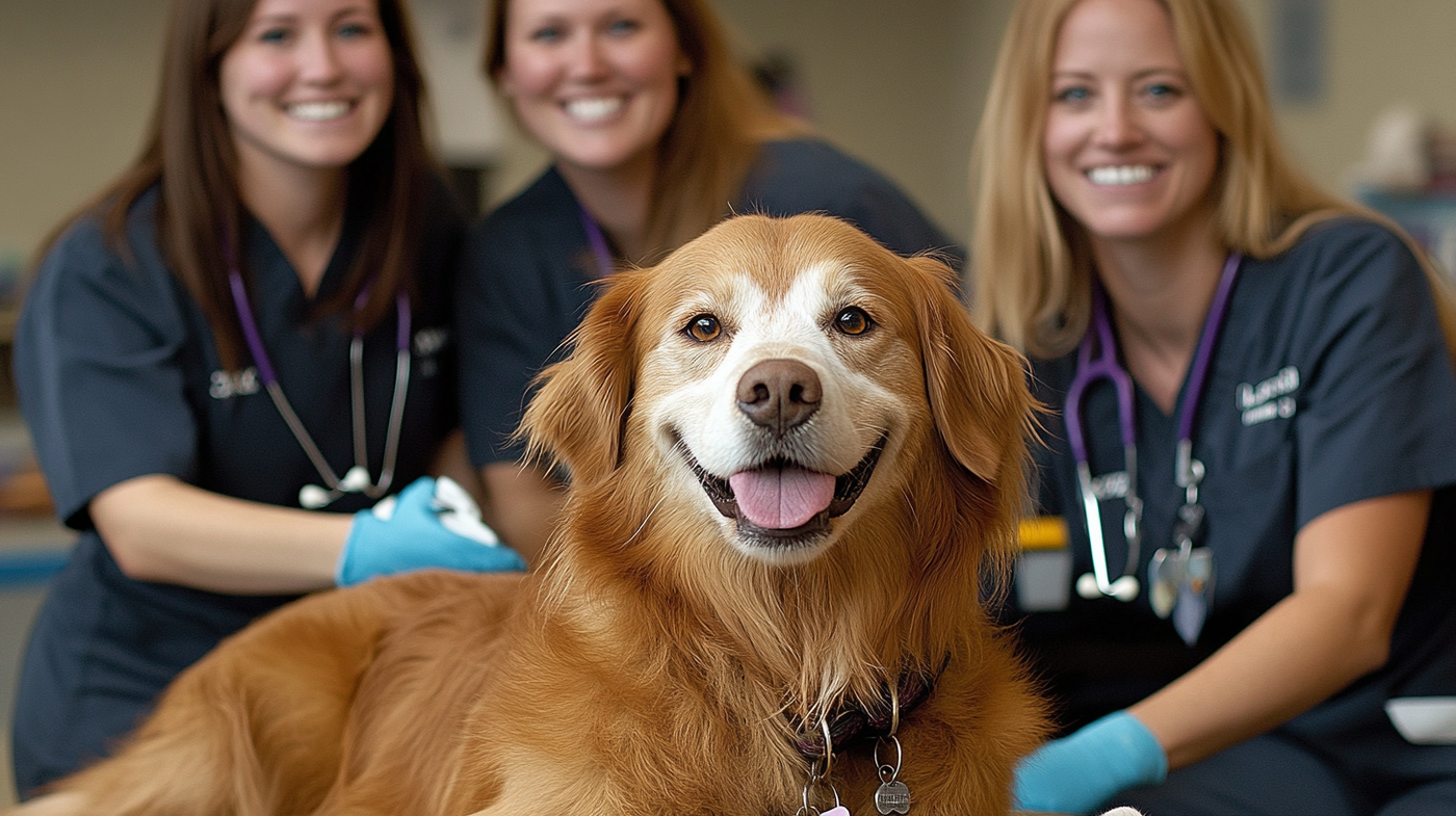 a golden retriever surrounded in the background by vet techs