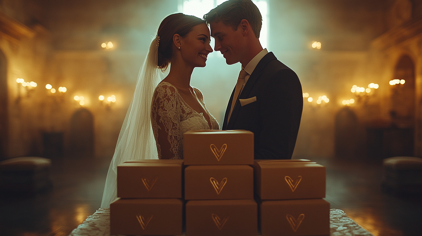 Smiling bride and groom standing in a romantic wedding setting with monogrammed gift boxes stacked in front of them