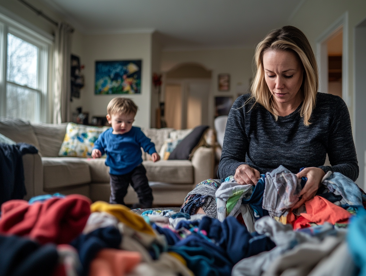 A blonde woman in a dark sweater sits on the floor sorting a large pile of colorful clothes, while a toddler in a blue shirt stands behind her in a bright living room