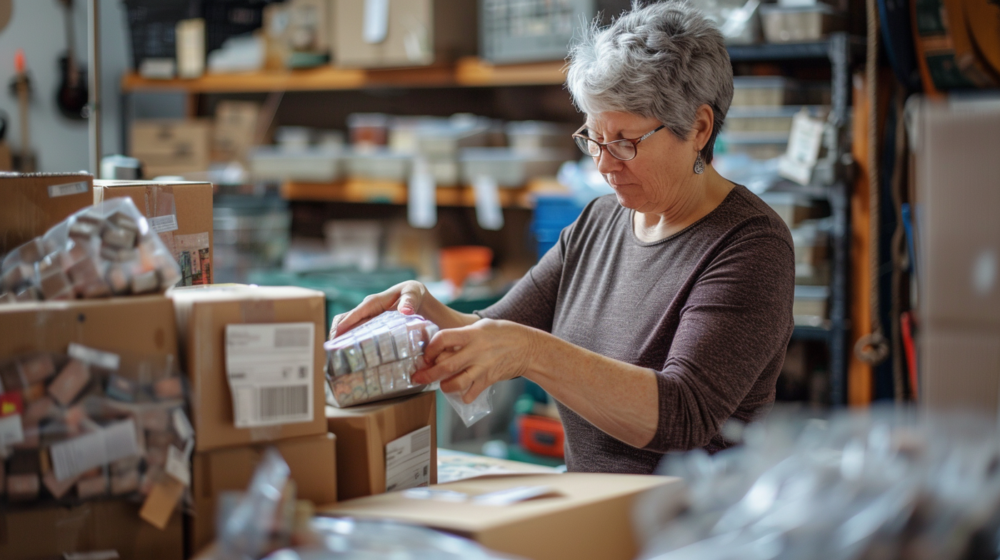 small business owner packing her products for shipping from her retail warehouse