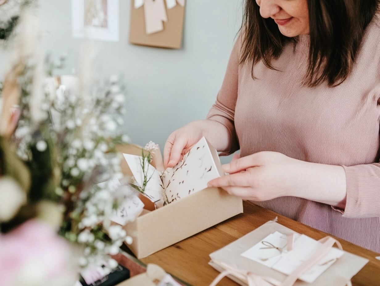 a woman packing her product into custom packaging