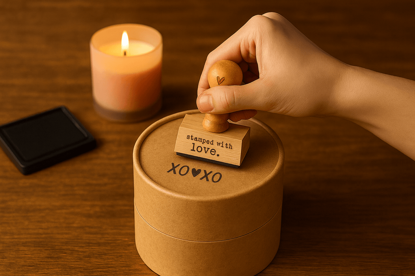 rubber stamping on candle packaging