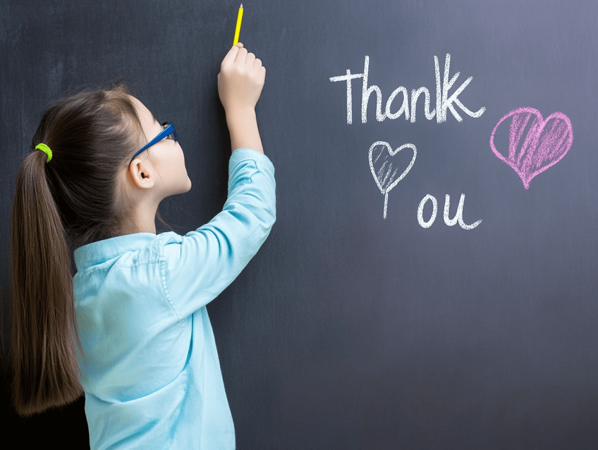 a young student writes thank you on a blackboard