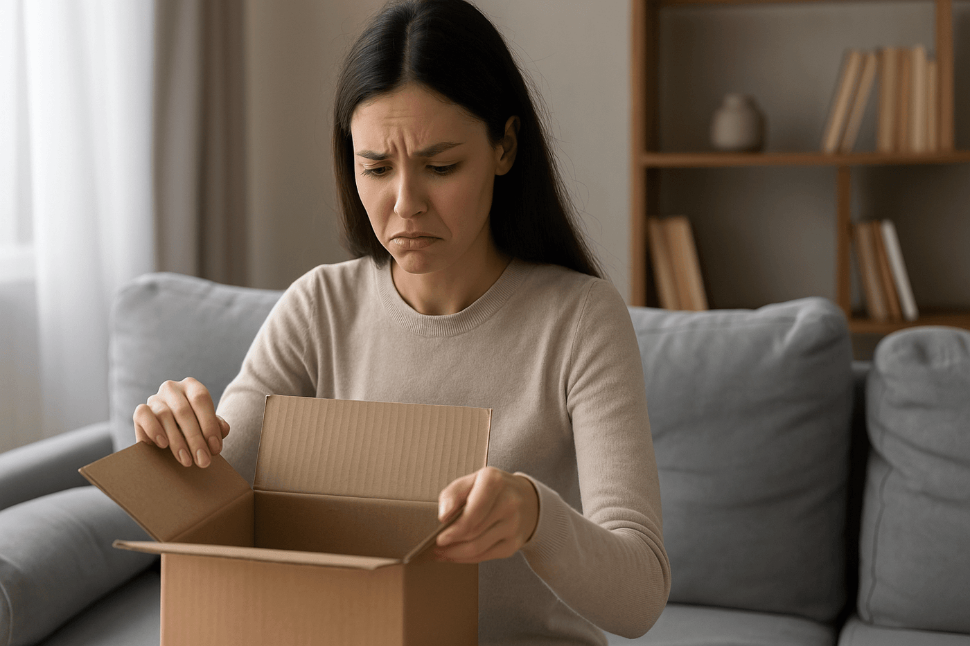 a woman sitting on a couch at home opening a box of product she ordered from ecommerce store, clearly unhappy with the product and contemplating returning it