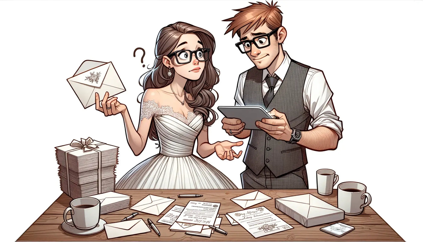 couple confused on where to place return address on wedding invitations