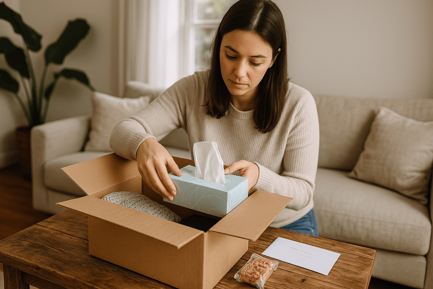 A young woman sitting in a softly lit living room, thoughtfully placing tissues into a cardboard box while assembling a grief care package.