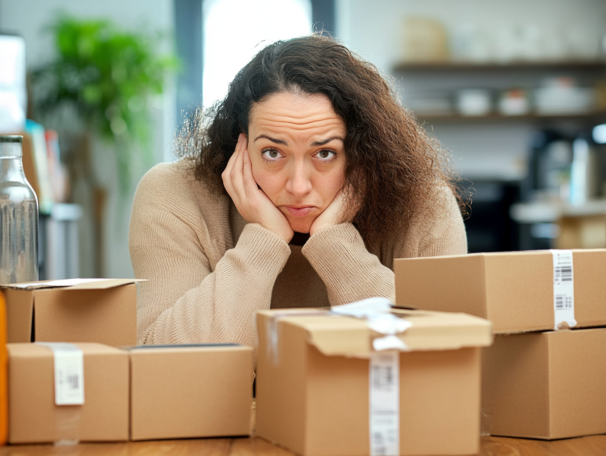 rustrated woman surrounded by cardboard packages, looking perplexed, possibly overwhelmed by packaging cost budgeting in a office setting