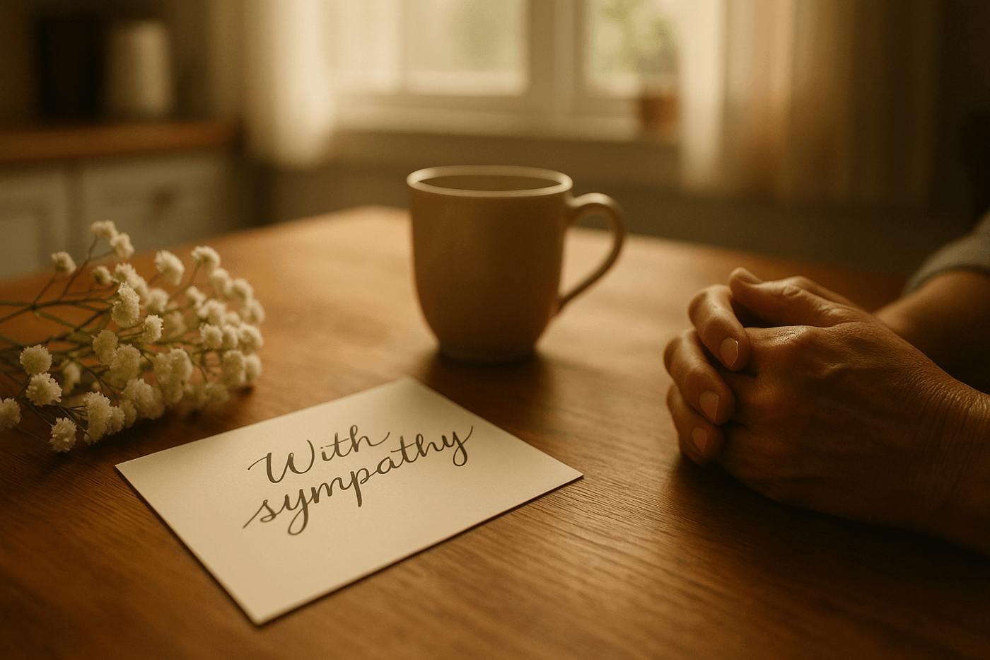 Clasped hands beside a sympathy card and cup of tea on a wooden kitchen table with white flowers, evoking quiet reflection and comfort after loss.