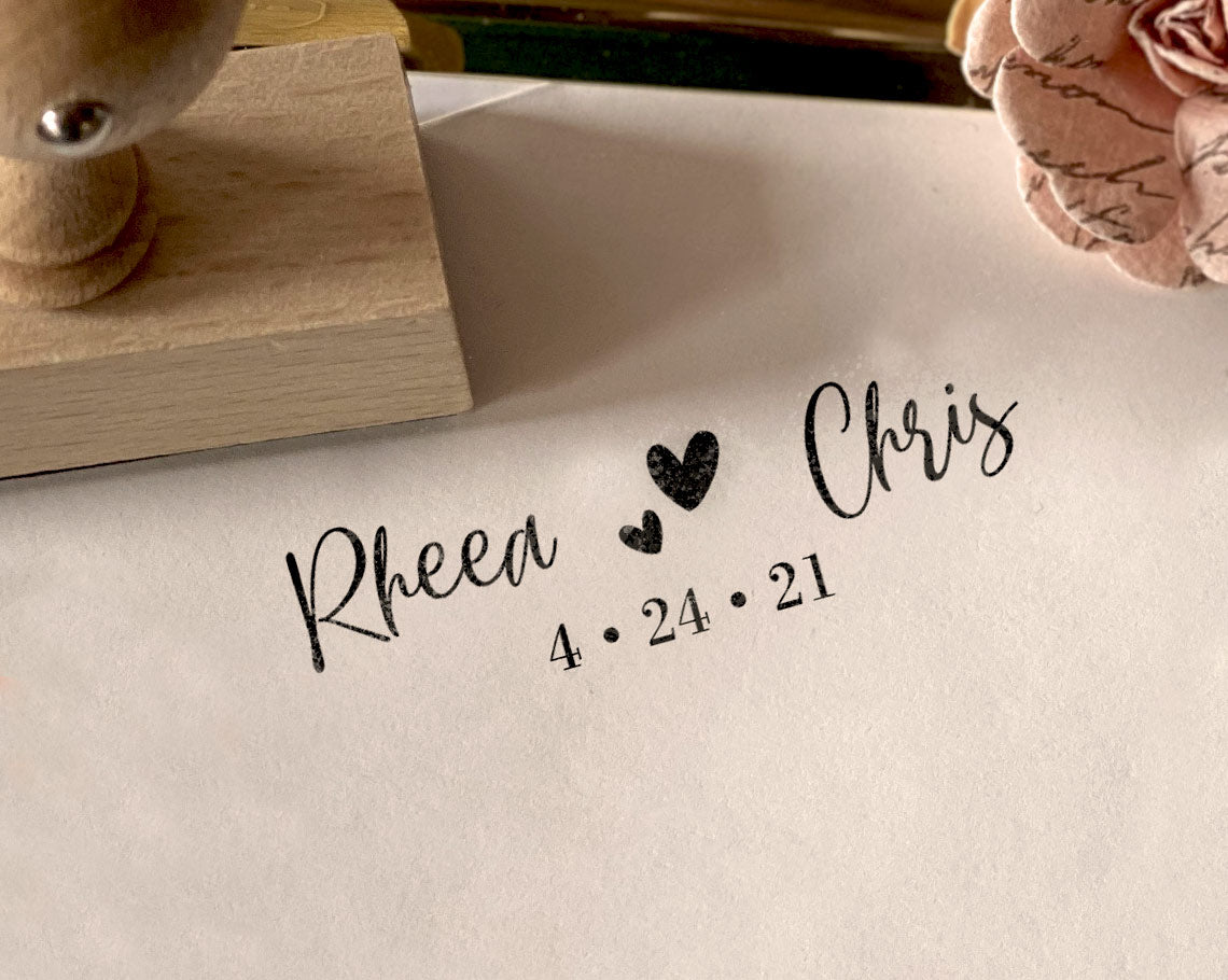Custom wedding rubber stamp imprint with Rhea & Chris including wedding date