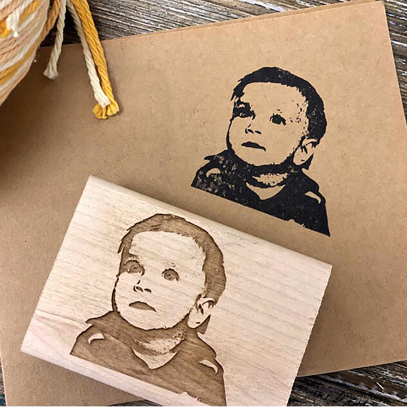portrait of baby customized into a rubber stamp engraved on wood