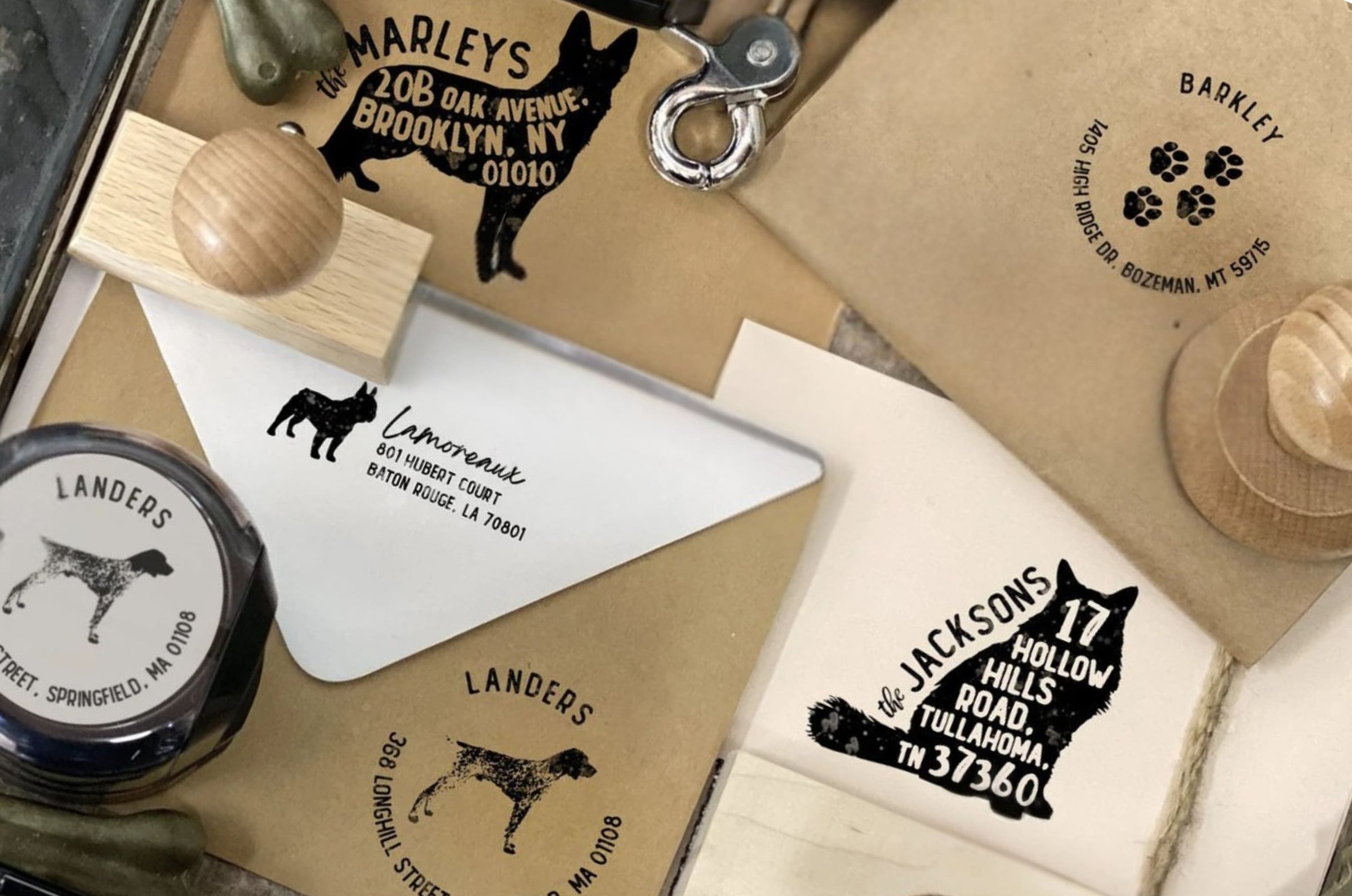 Assorted custom pet silhouette return address stamps featuring dogs and cats