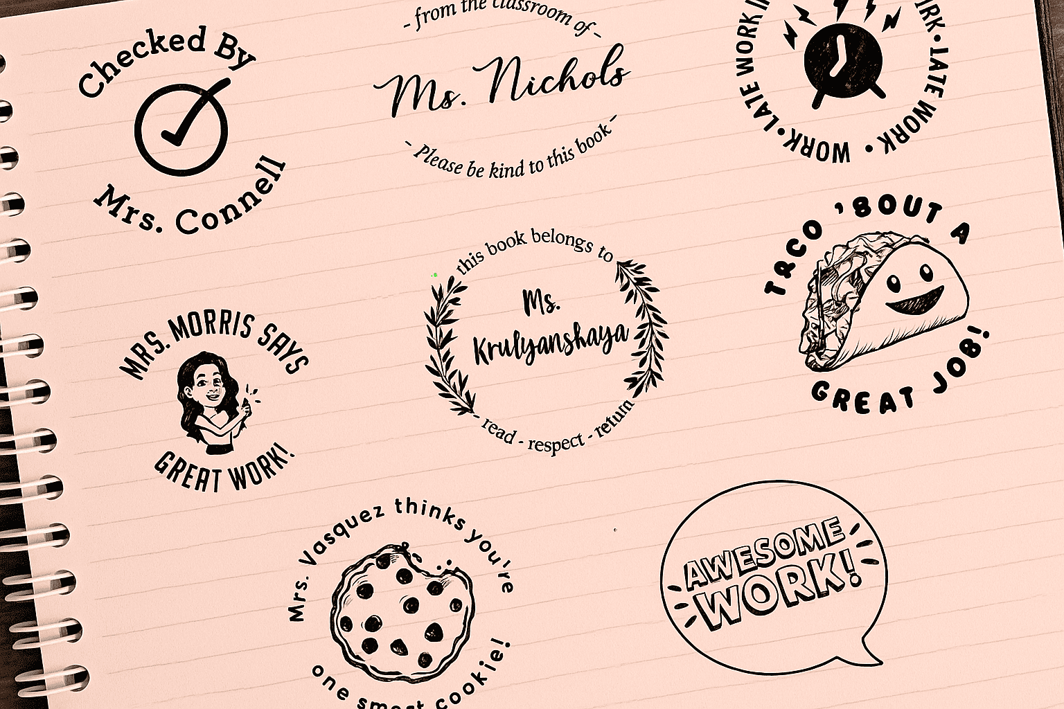 Collection of custom teacher stamps with fun designs and motivational messages