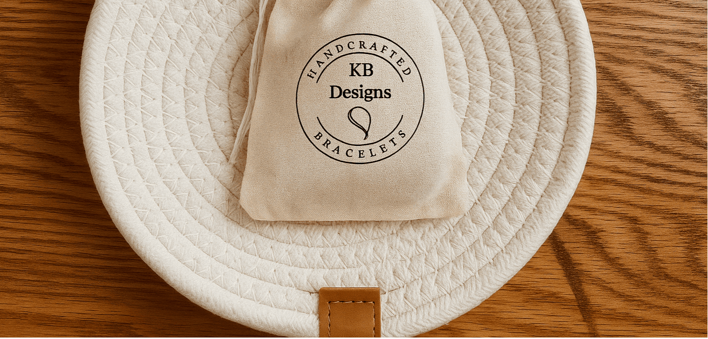 Custom handcrafted bracelet logo stamp on beige drawstring pouch