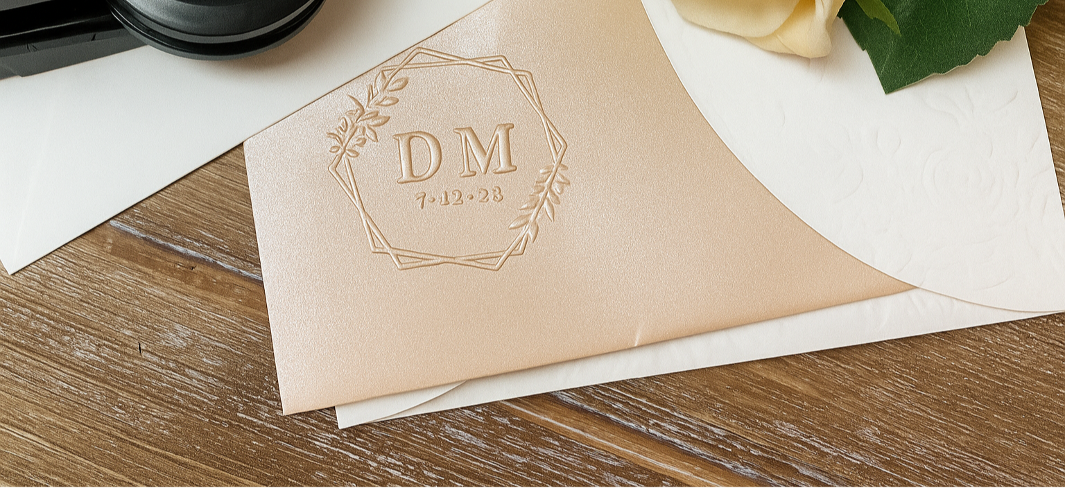 Custom wedding embosser with initials DM and date on gold envelope