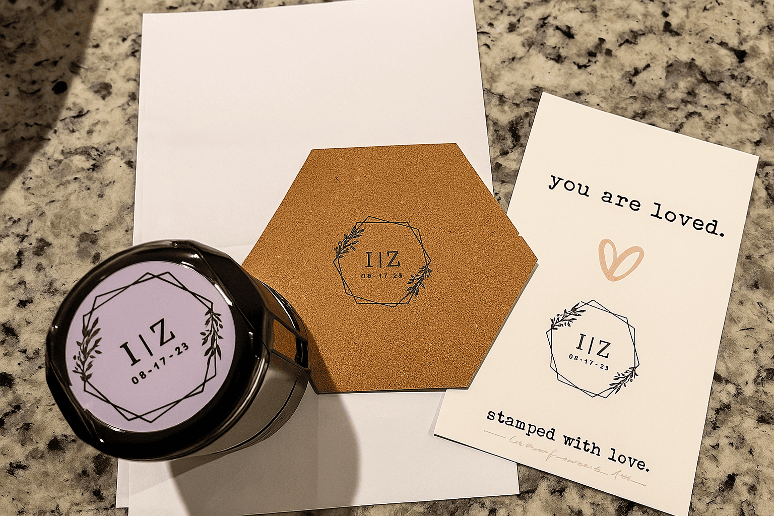 Custom wedding monogram stamp with hexagon frame and initials I + Z