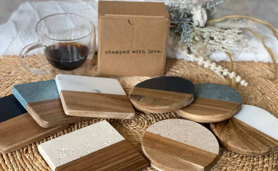 Showcase of Our Complete Range of Custom Marble and Wood Coasters