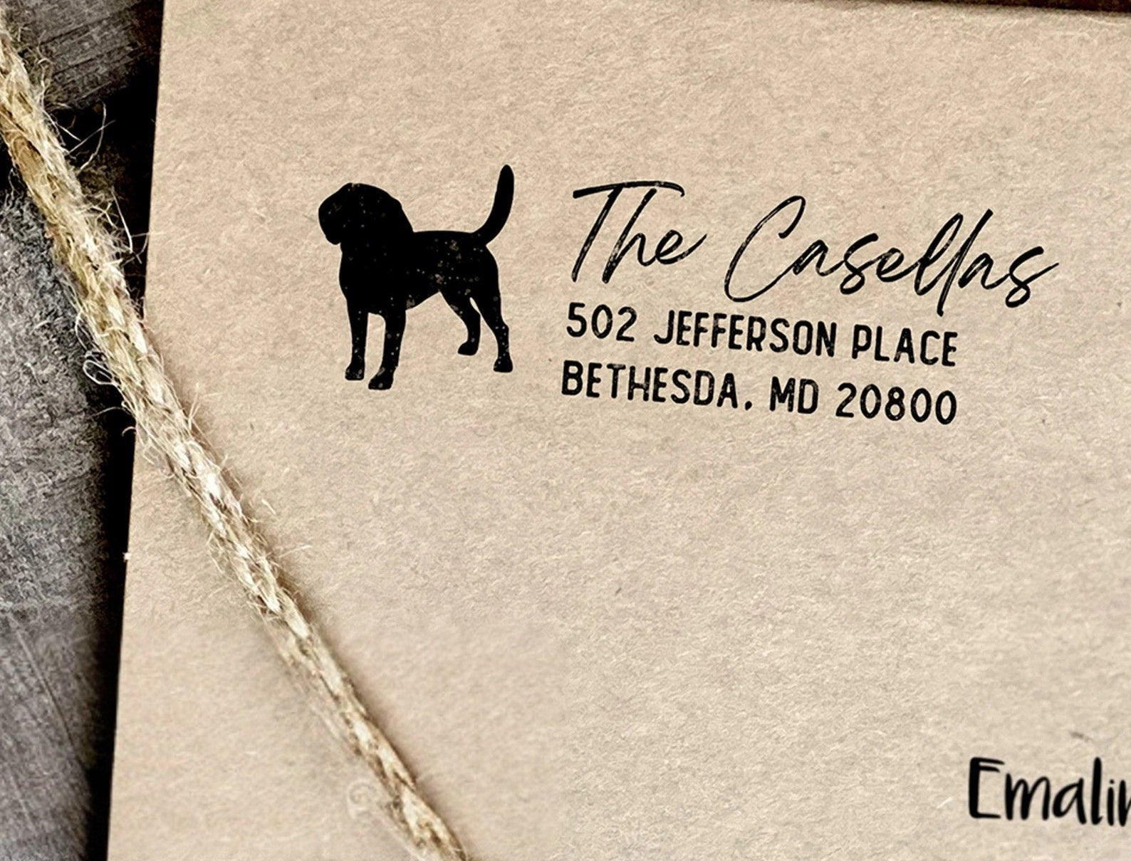 custom dog silhouette return address stamp in black for The Casellas, Bethesda MD