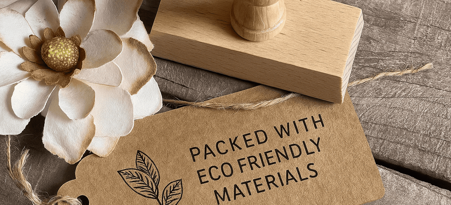 Eco-friendly packaging stamp on kraft tag with leaf design and white flower