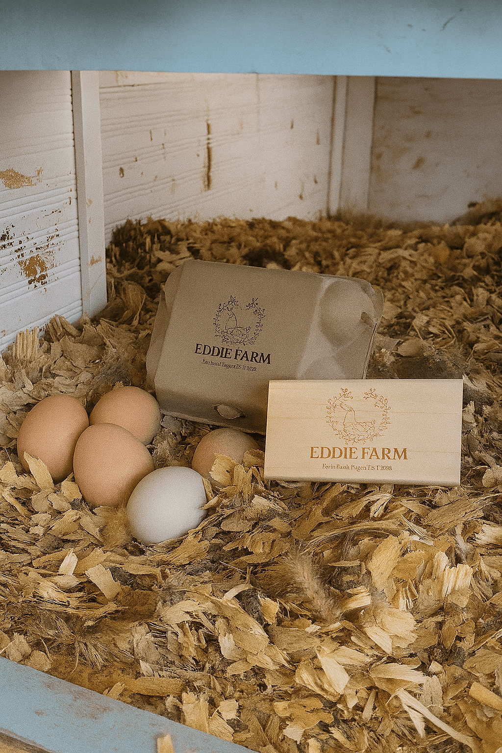 Eddie Farm eggs and packaging nestled in wood shavings inside a rustic chicken coop, with a mix of brown and pale blue eggs beside a carton and branded wooden sign