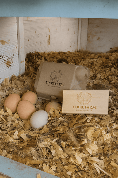 Eddie Farm eggs and packaging nestled in wood shavings inside a rustic chicken coop, with a mix of brown and pale blue eggs beside a carton and branded wooden sign