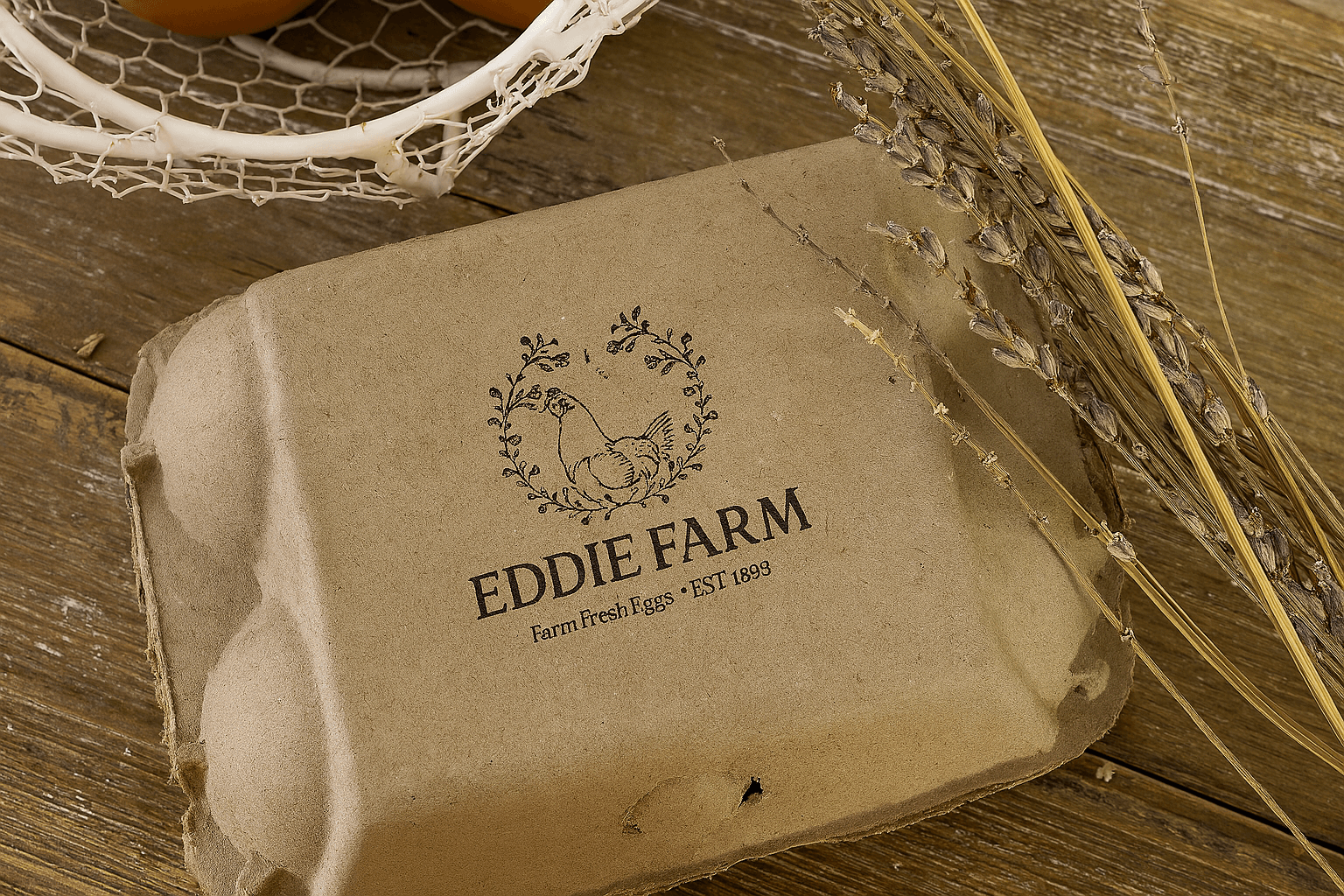 Rustic egg carton labeled EDDIE FARM with a hen logo, placed on a wooden surface beside brown eggs in a wire basket and dried lavender sprigs