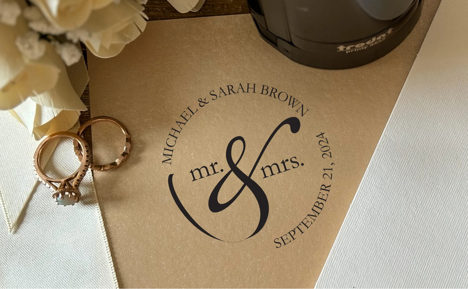 elegant mr and mrs wedding stamped on kraft paper with wedding rings and flower accents.