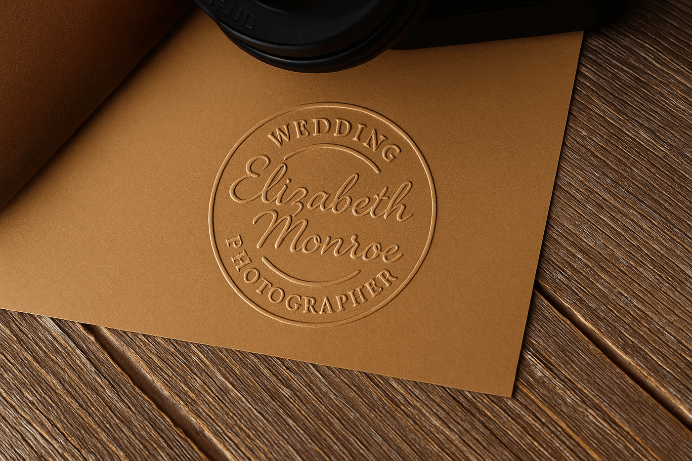 Embossed kraft business card featuring Elizabeth Monroe's wedding photographer logo in a circular design, placed on a rustic wooden surface with soft lighting and minimal noise.