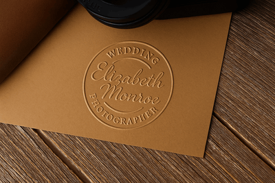 Embossed kraft business card featuring Elizabeth Monroe's wedding photographer logo in a circular design, placed on a rustic wooden surface with soft lighting and minimal noise.