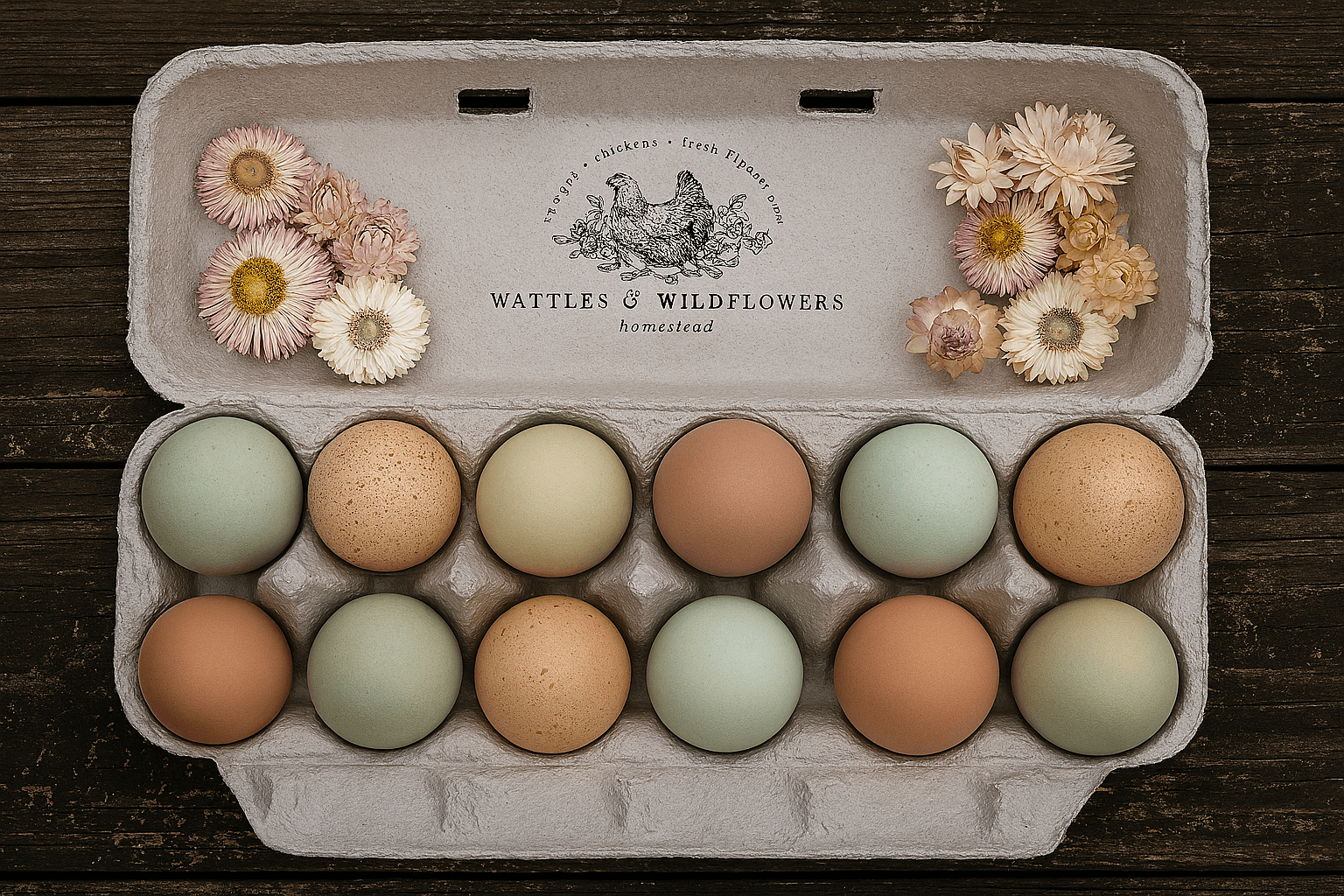 A dozen pastel-colored farm-fresh eggs in a recycled carton, surrounded by dried flowers and labeled “Wattles & Wildflowers Homestead” with a hand-drawn chicken illustration.