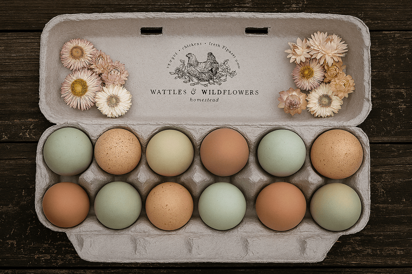 A dozen pastel-colored farm-fresh eggs in a recycled carton, surrounded by dried flowers and labeled “Wattles & Wildflowers Homestead” with a hand-drawn chicken illustration.