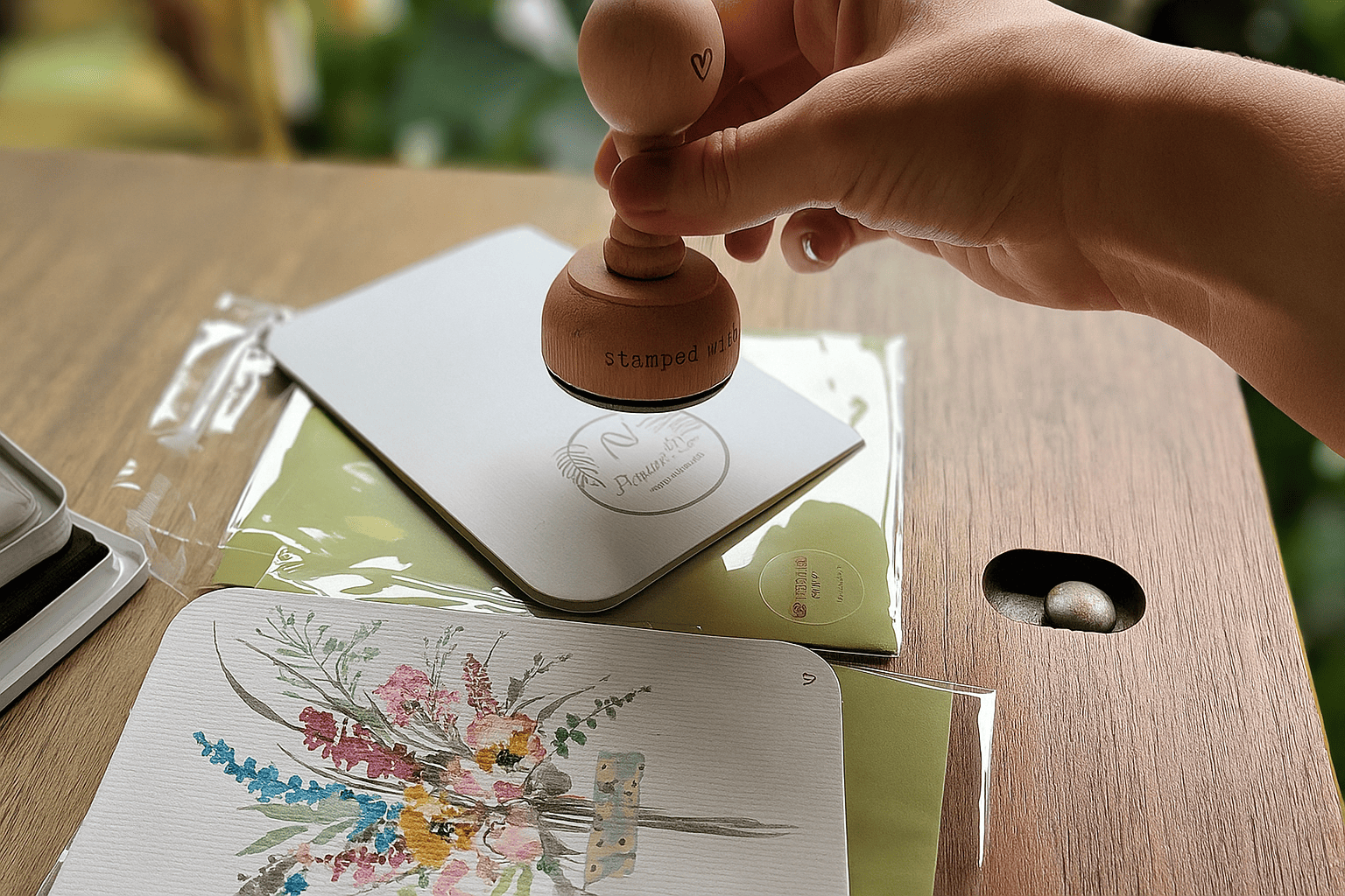 Pack of stationery in line for stamping on a table.