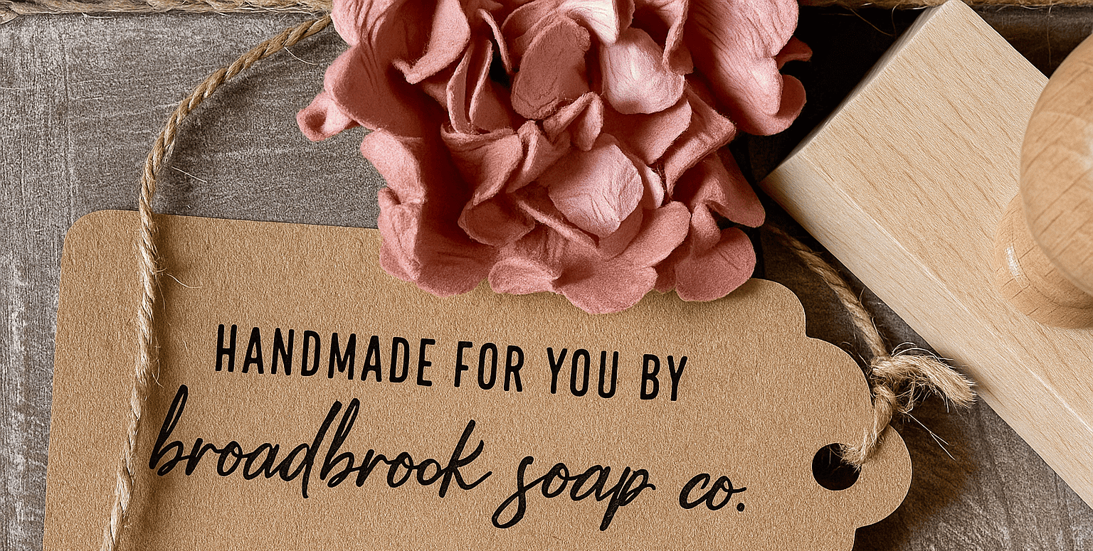 Handmade soap company packaging stamp on kraft tag with pink flower – Broadbrook Soap Co.