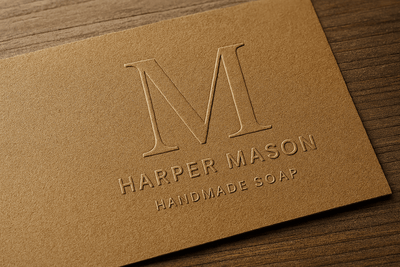 Embossed Harper Mason Handmade Soap logo on brown kraft paper placed on a rustic wooden tabletop with soft lighting highlighting the raised texture