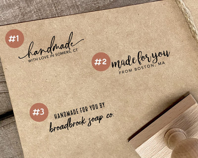 packaging stamps with 3 different custom messages - made for you, handmade, hand made for you by