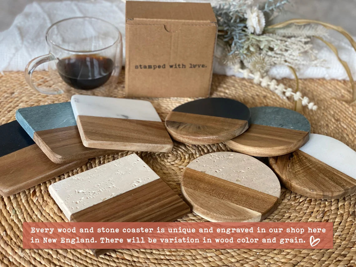  an assortment of custom-made coasters with different shapes and materials laid out on a woven surface.