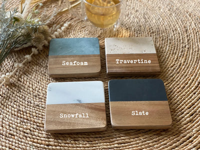 four square shaped coasters showcasing different types of materials