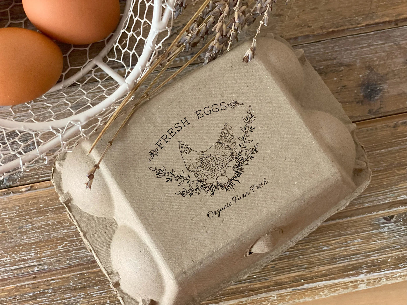 Organic farm fresh eggs carton with chicken stamp and lavender accent