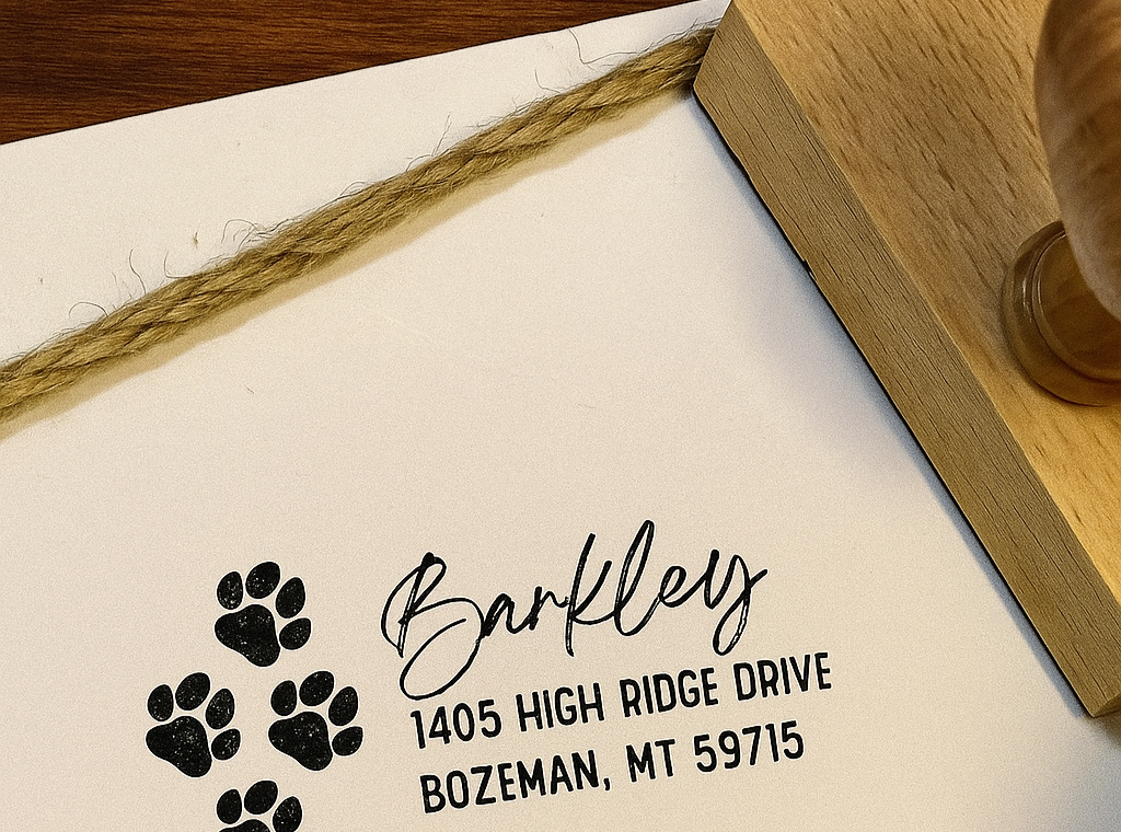 Custom paw print pet return address stamp in black for Barkley, Bozeman MT