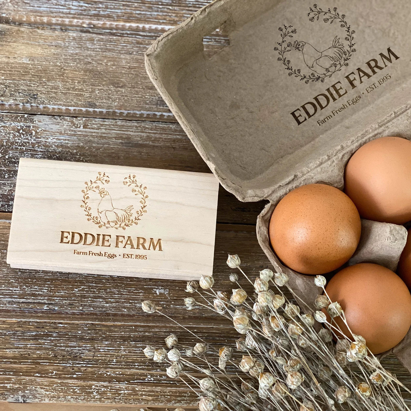 Eddie Farm personalized egg carton stamp with rustic woodblock design