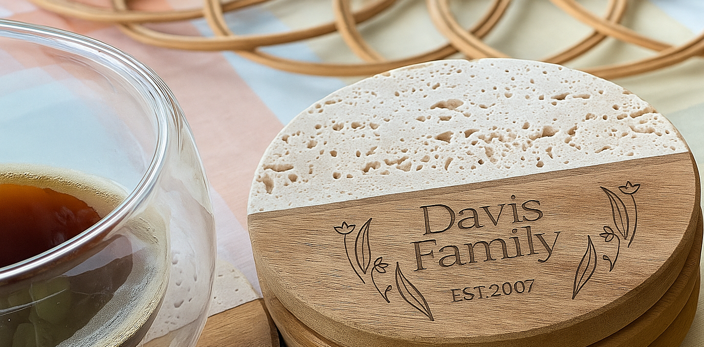 Personalized round travertine and wood coaster with engraved Davis Family name and floral design