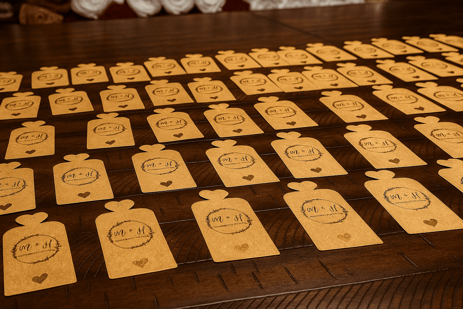 Personalized wedding favor tag stamps with initials m + h and wedding date