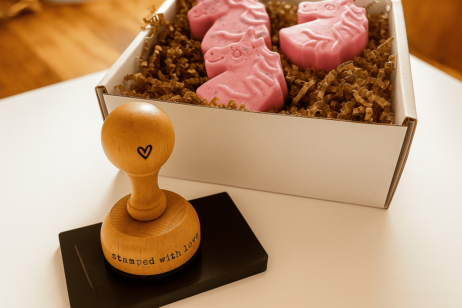 Wooden soap stamp with heart handle and text "stamped with love" beside unicorn-shaped soaps in gift box